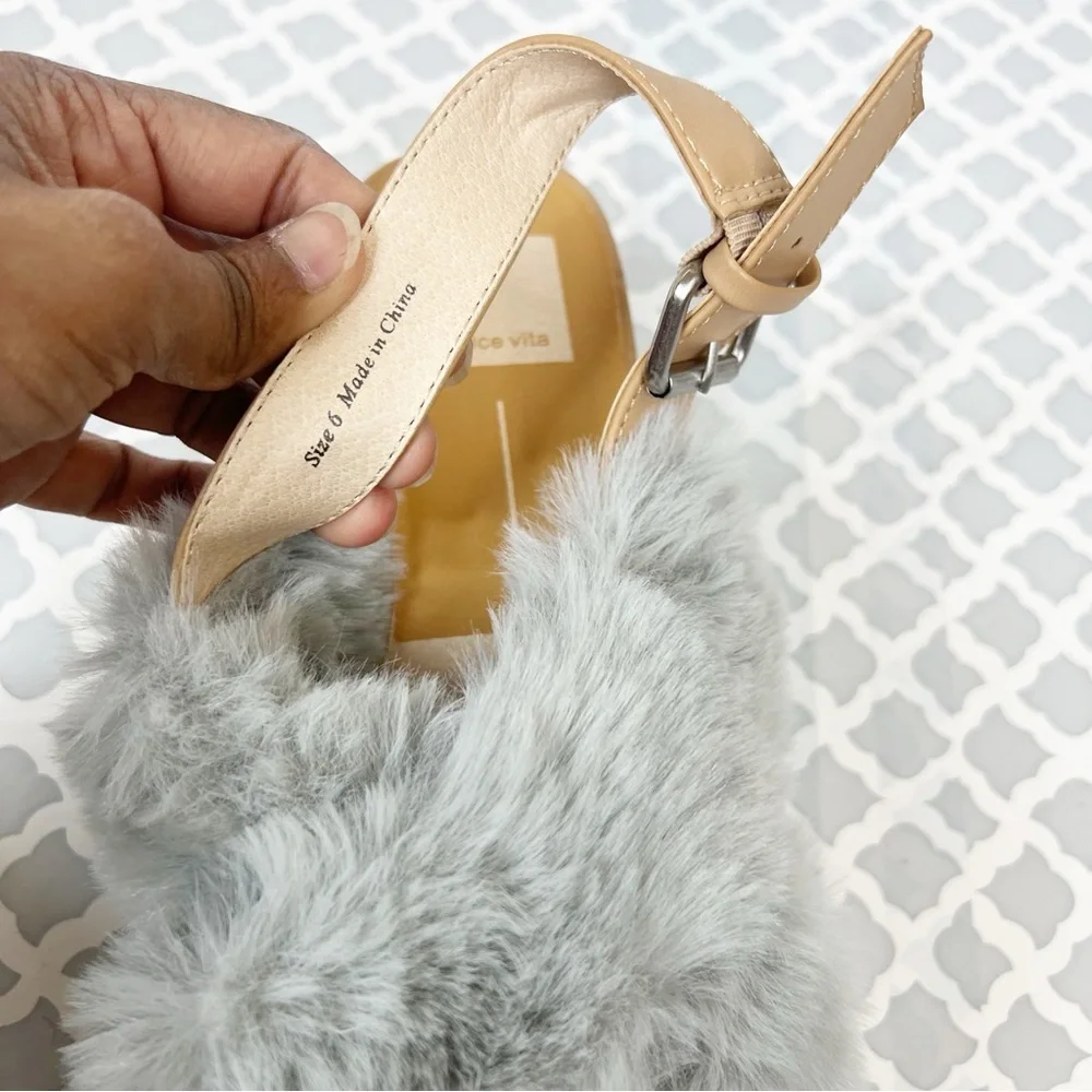 NWOB Dolce Vita Grey Faux Fur Ankle Strap Wedge Sandal